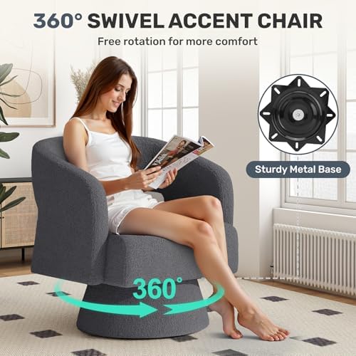 Nebuaegis Swivel Accent Chair Set of 2, Modern Comfy Teddy Barrel Chairs, Oversized Upholstered Round Arm Chair for Living Room, Bedroom, Reading Room, Dark Grey