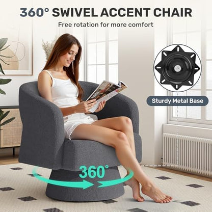 Nebuaegis Swivel Accent Chair Set of 2, Modern Comfy Teddy Barrel Chairs, Oversized Upholstered Round Arm Chair for Living Room, Bedroom, Reading Room, Dark Grey