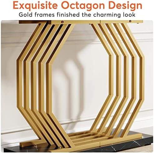 Tribesigns Gold Console Table, Faux Marble Entryway Table Narrow Sofa Table with Geometric Metal Base, 40 Inch Modern Accent Table Entrance Table for Living Room, Hallway, Foyer, Black