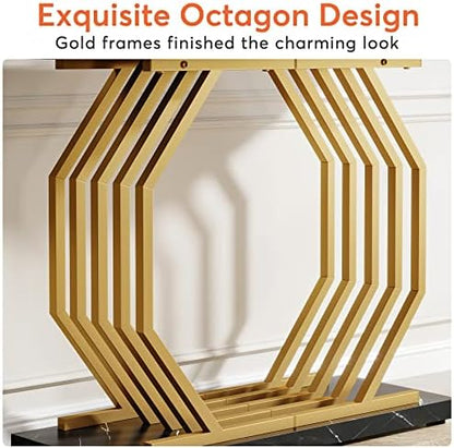 Tribesigns Gold Console Table, Faux Marble Entryway Table Narrow Sofa Table with Geometric Metal Base, 40 Inch Modern Accent Table Entrance Table for Living Room, Hallway, Foyer, Black