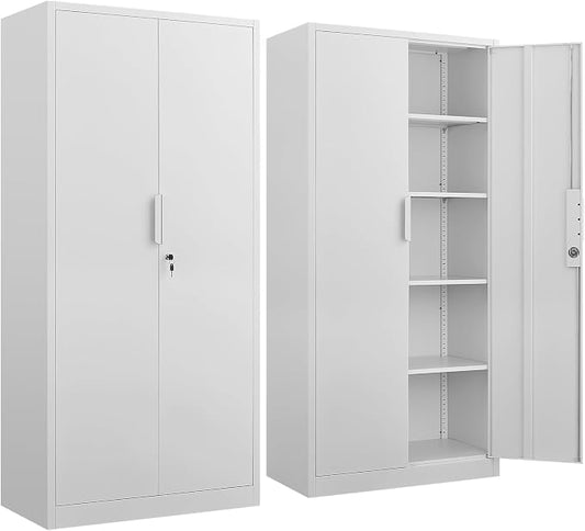 Metal Garage Storage Cabinet with Lock, 72" Tall Steel Storage Locker with 4 Adjustable Shelves, Heavy Duty Metal Cabinet for Garage, Office, Home, White