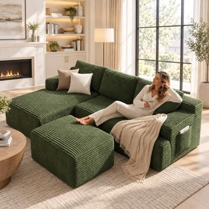 96" Sectional Couches for Living Room Cloud Couch Sofa with L-Shape Upholstered Boneless Couchs Modern Modular Sectional Couch with Chaise (Green, 96.1" U Shape with Left Facing Chaise)