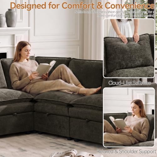 Modular Sectional Storage Sofa, 105" Cloud Deep Seat V-Shaped Couch, Brown