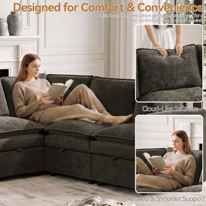 Modular Sectional Storage Sofa, 105" Cloud Deep Seat V-Shaped Couch, Brown