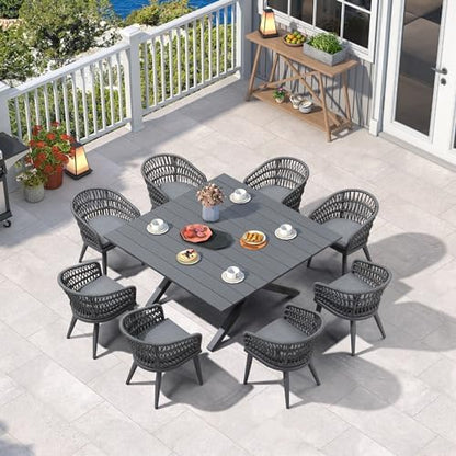 PURPLE LEAF Outdoor Dining Set 9 Pieces Square Table Rattan Aluminum Grey