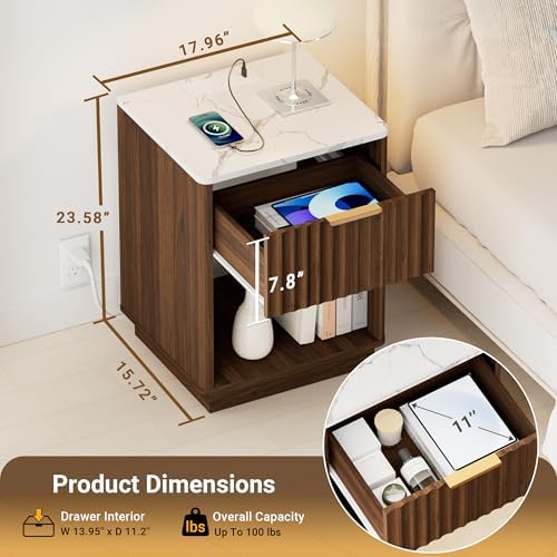 Fluted Nightstand with Charging Station, 18"W Night Stand with Faux Marble Top and Rounded Edge, FSC-Certified Wood, Mid Century Modern End Table w/Storage, Walnut Bedside Table for Bedroom