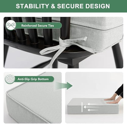 Patio Cushions for Outdoor Furniture, Faux Linen Water Resistant Backrest and Seat Cushion Set with Non-Slip Bottom, Straps, Removable Cover, 19 x 19 Inch, Light Grey