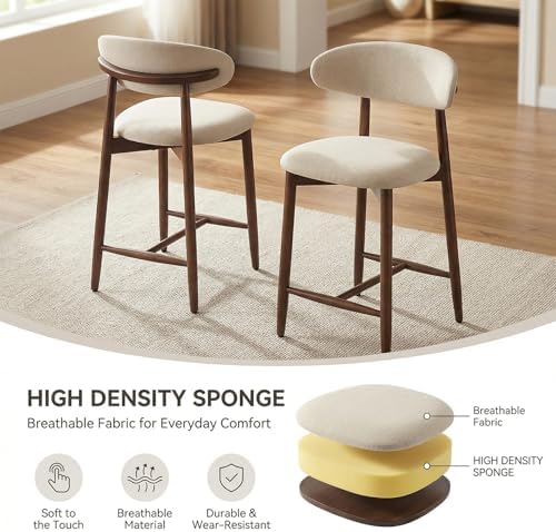 MALOL Counter Height Bar Stools Set of 3, Kitchen Bar Stools with Back, Mid Century Modern Upholstered Barstools with Wood Legs for Kitchen Island Dining Room, Beige