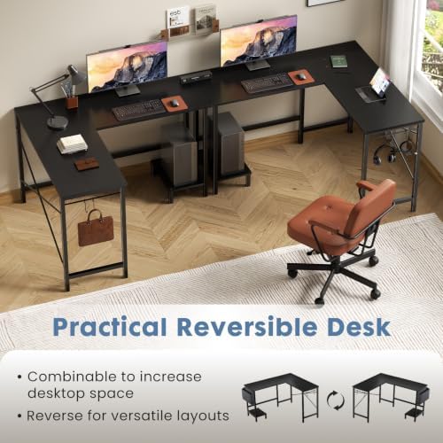 DUMOS L Shaped Computer Desk with PC Stand, Corner Workstation, Black