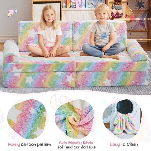 Rainbow Star Modular Kids Play Couch for Toddlers 1-3, Green Glow