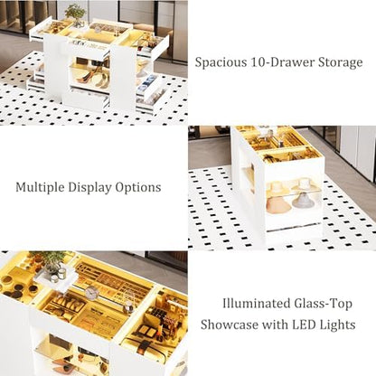 Kikihouse Modern Closet Island with 10 Drawers with LED (White+Amber Glass)