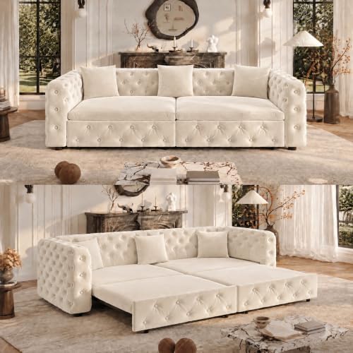 NicBex 89" 4-Seater Queen Size Pull Out Sofa Bed with 3 Pillows, Beige