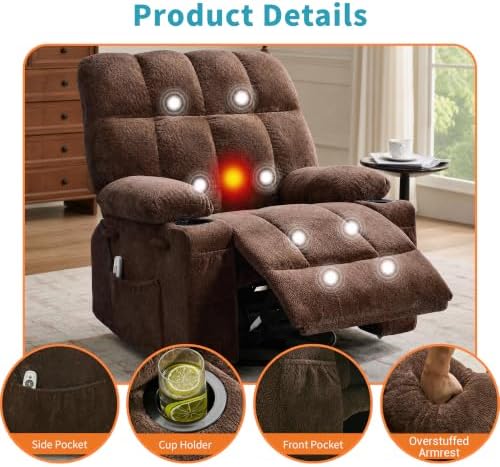 IDEALHOUSE Oversized Rocking Recliner Chair with Heat and Massage, Brown