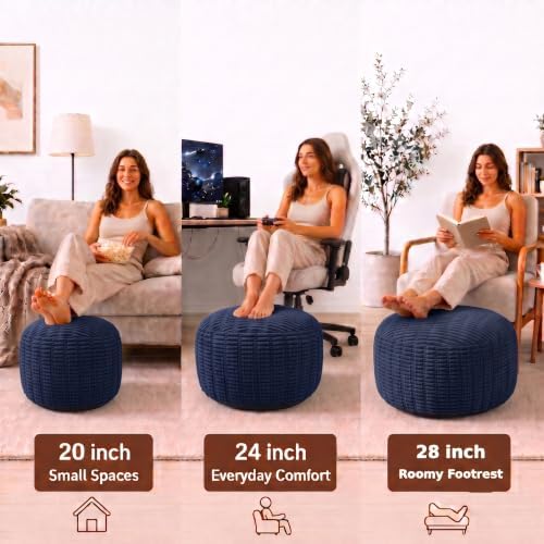 Round Pouf Ottoman, Navy Blue, 20"x13", Corduroy Foot Rest