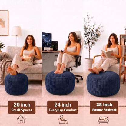 Round Pouf Ottoman, Navy Blue, 20"x13", Corduroy Foot Rest