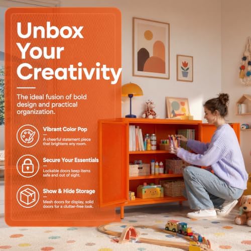 Orange Lockable Mesh & Metal Door Storage Cabinet, 3-Tier Heavy Duty Steel Locker with 2 Adjustable Shelves, Accent Cabinet for Living Room, Home Office, 33" H x 29.5" W x 13.8" D