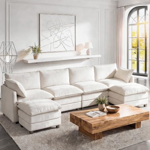 LEVELEVE 146" U-Shape Modular Sofa with 2 Ottomans, Deep Seat Cloud Convertible Sleeper, 2 Arm Pillows, Comfortable Large Upholstered Furniture for Living Room Apartment, Beige
