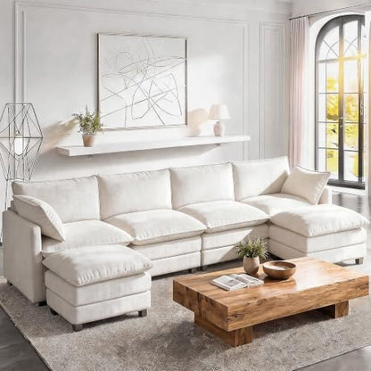 LEVELEVE 146" U-Shape Modular Sofa with 2 Ottomans, Deep Seat Cloud Convertible Sleeper, 2 Arm Pillows, Comfortable Large Upholstered Furniture for Living Room Apartment, Beige