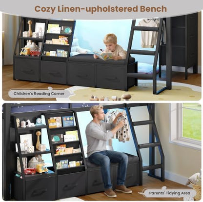 MSmask Low Loft Bed Twin with 7 Storage Drawers & Reading Nook, Black