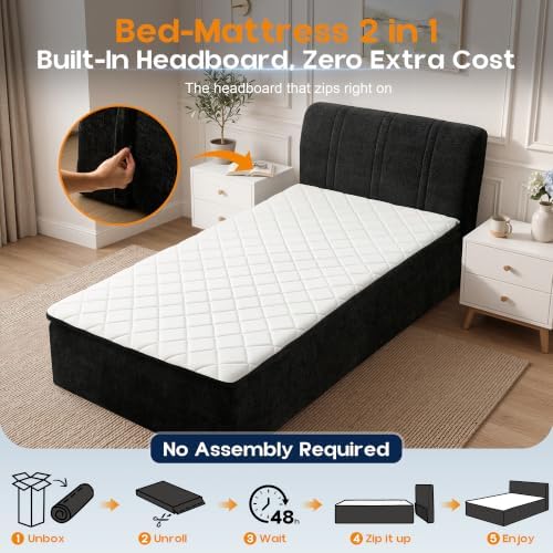 Twin Boneless Bed with Frame Mattress & Headboard, No Assembly, Black