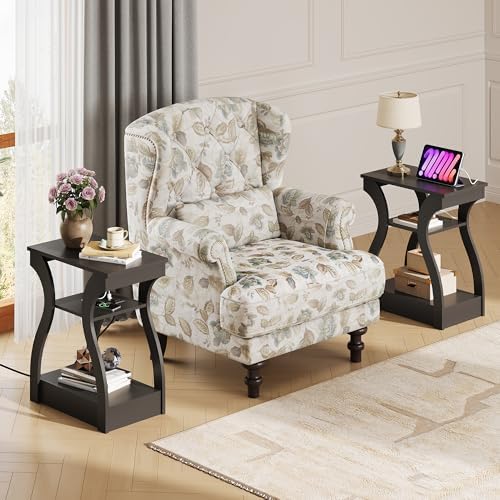 WLIVE End Tables Living Room Set of 2 with Charging Station Black
