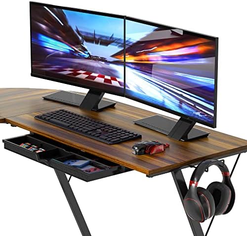 SHW 51 x 51 L-Shaped Corner Desk w/Monitor Stand and Drawer, Walnut