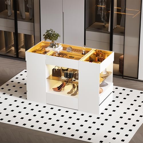 Kikihouse Modern Closet Island with 10 Drawers with LED (White+Amber Glass)