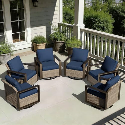 Joyside Outdoor Patio Swivel Rocker Chairs Set, 6 Pieces Wicker Rattan Chairs with Metal Wide Armrest, Thick Cushions and Deep Seating for Garden, Backyard, Porch, Deck