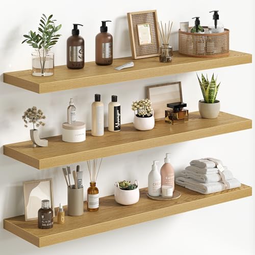 Floating Shelves for Wall 40 Inch Set of 3, Farmhouse Floating Shelves with Invisible Heavy Duty Bracket, 10 Inch Deep Bathroom Shelves for Storage, Living Room, Kitchen, Decor, Oak