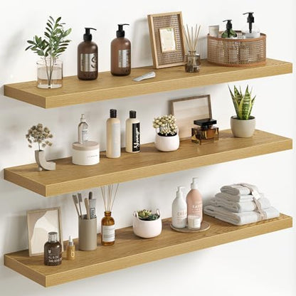 Floating Shelves for Wall 40 Inch Set of 3, Farmhouse Floating Shelves with Invisible Heavy Duty Bracket, 10 Inch Deep Bathroom Shelves for Storage, Living Room, Kitchen, Decor, Oak