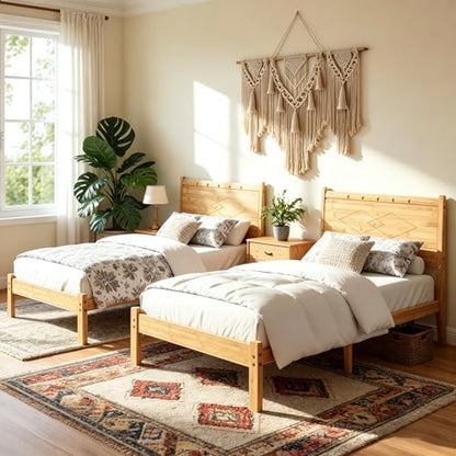 14 inch Bamboo Twin XLBed Frame with Headboard, Light Cottagecore Solid Wood Platform Bed No Box Spring Needed, Easy Assembly, Noise Free
