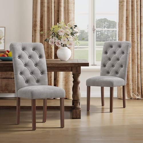 MALOL Upholstered Tufted Dining Room Chairs Set of 2, Parsons Kitchen Chairs with Padded Seat and Solid Wood Legs, Fabric Accent Side Diner Chair for Dining Room/Kitchen/Living Room, Light Grey