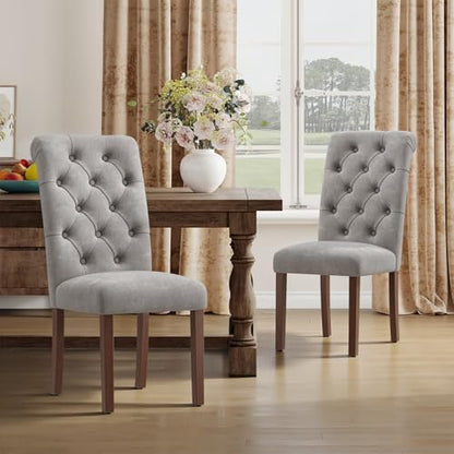 MALOL Upholstered Tufted Dining Room Chairs Set of 2, Parsons Kitchen Chairs with Padded Seat and Solid Wood Legs, Fabric Accent Side Diner Chair for Dining Room/Kitchen/Living Room, Light Grey