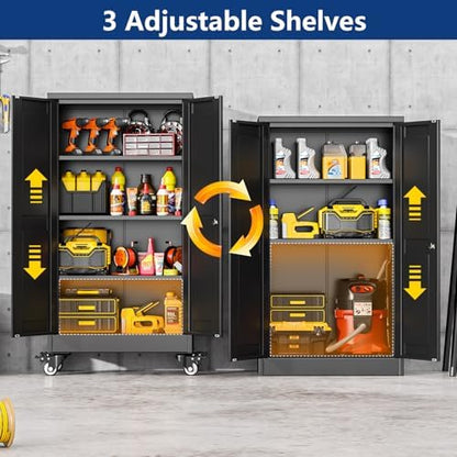 Ckzbx Metal Garage Storage Cabinet with Locking Doors and Adjustable Shelves, 45.6" H Rolling Tool Storage with Wheels for Garage,Office (Black)