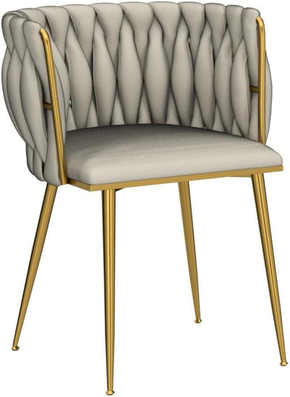 Velvet Dining Chairs Set of 2, Modern Upholstered Dining Room Chairs with Golden Metal Legs and Woven Backrest for Dining Room, Kitchen, Vanity, Living Room (Beige)