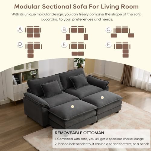 IPKIG 82.6" Modular Sectional Cloud Couch, Modern Sofa with 2 Ottomans
