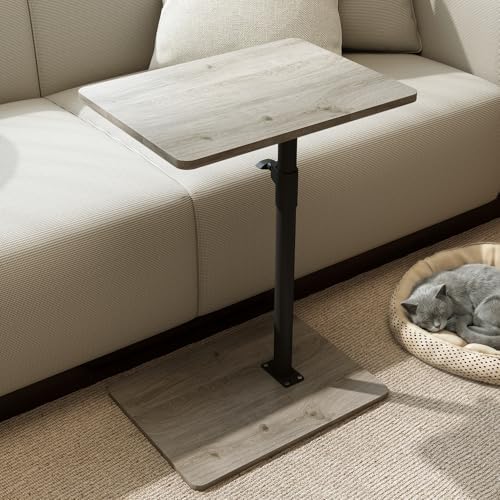Sofa Armrest Tray Table for Couch - 360 Swivel Height Adjustable C Shaped End Table for Small Spaces, Snack Side Table for Bed or Chair with Phone & Tablet Slot (Gray, Enlarged)