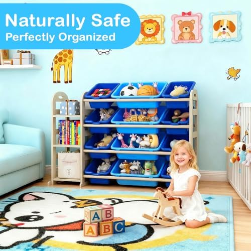 Toy Storage Organizer with Bookshelf, Wooden Toy Organizers with 3 Shelves 12 Storage Bins, Kids Bin Shelf Toys Box Bookcase for Playroom Bedroom Organization, Blue