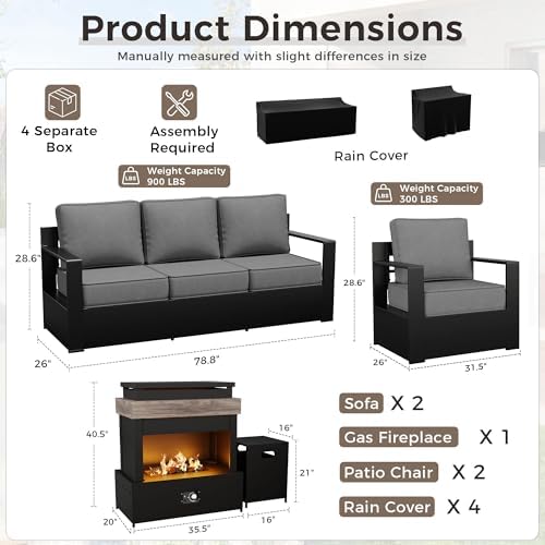 Outdoor Patio Furniture Set, 5-Piece Aluminum Patio Conversation Set All-Weather Metal Outdoor Sectional with 6 Inch Thick Cushions, Deep Setting and Fireplace for Garden, Outside and Porch, Grey