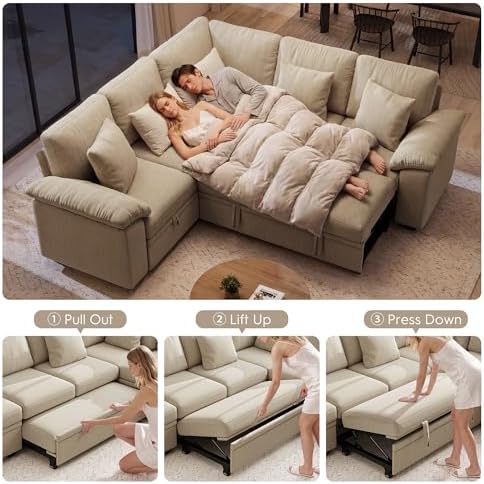 Ihanherry 86" Modular Sectional Sofa with Pull Out Bed, 5-Seater L Shaped Sectional Sleeper Couch with Storage, Chenille Convertible Couches for Living Room, Apartment (Sand)