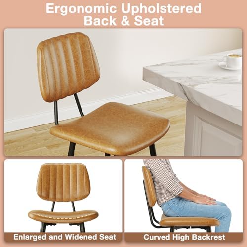 Raynesys 29-Inch Leather Bar Stools Set of 2 with High Backrest, Brown
