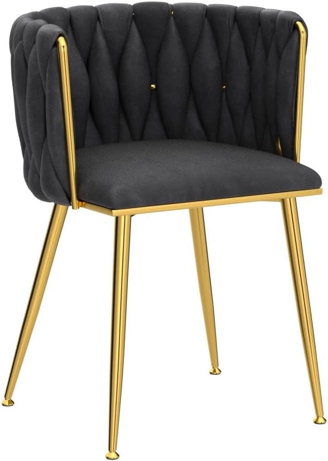 Black Velvet Dining Chairs Set of 2, Upholstered Dining Chairs with Golden Metal Legs, Modern Woven Dining Chair for Dining Room, Kitchen, Vanity, Living Room