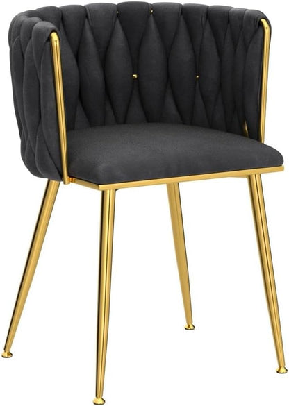 Black Velvet Dining Chairs Set of 2, Upholstered Dining Chairs with Golden Metal Legs, Modern Woven Dining Chair for Dining Room, Kitchen, Vanity, Living Room