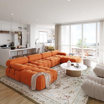 Modern Velvet Sectional Sofa, U Shape Minimalist Modular 6-Seater Couch with 2-Ottomans for Living Room Office Apartment (138in/Orange)