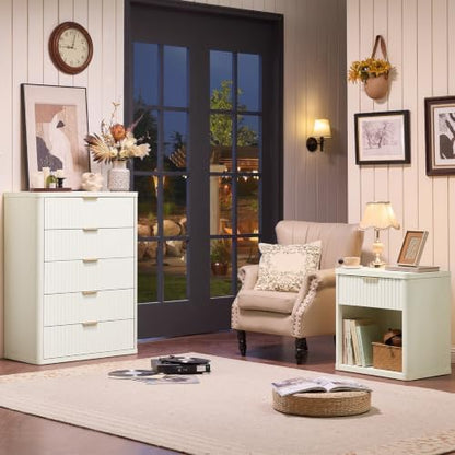 LEYAOYAO Fluted Nightstand with Charging Station, 23" Wide 1 Drawers End Table,White Night Stand with Open Storage Cabinet, Farmhouse Bed Side Tables, Wood Dresser for Bedroom, Living Room, Closet