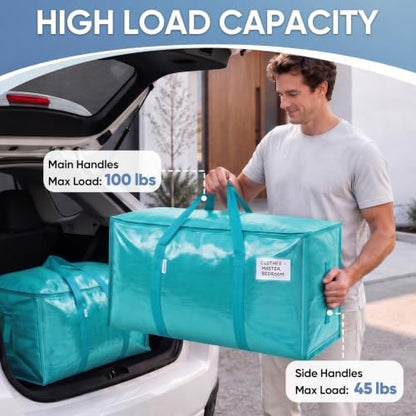 TICONN 6 Pack Extra Large Moving Bags Heavy Duty with Zippers & Carrying Handles, Durable Storage Bags Moving Boxes for Closet Organizers and Storage (6 Pack, Aqua)