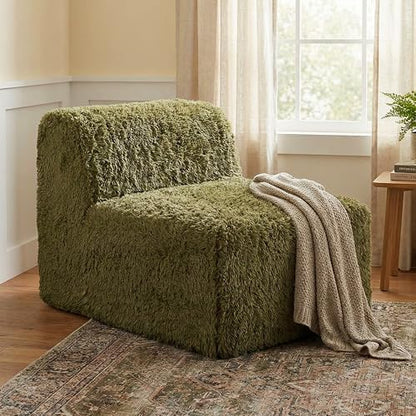 Furniture of America Havyn Modern Faux Fur 1-Seater Modular Armless Foam Sofa Chair with Deep Seat, Compressed Couch in a Box, No Assembly Required, for Living Room and Office, Olive Green
