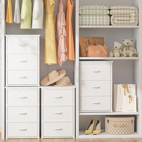 2-Pack Stackable Storage Drawers (6 Drawers Total), White Closet Drawers Organizer for Clothes with Wooden Top & Metal Frame, Freestanding or Stackable Dresser for Bedroom, Living Room, Under Bed