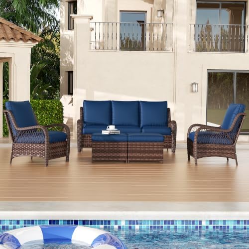 5 Piece Wicker Patio Furniture Set, Rattan Patio Chairs with High Back, Deep Seating, Wide Armrest, Thickened Cushions, Outdoor Furniture for Deck, Porch Use, Blue