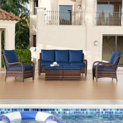 5 Piece Wicker Patio Furniture Set, Rattan Patio Chairs with High Back, Deep Seating, Wide Armrest, Thickened Cushions, Outdoor Furniture for Deck, Porch Use, Blue